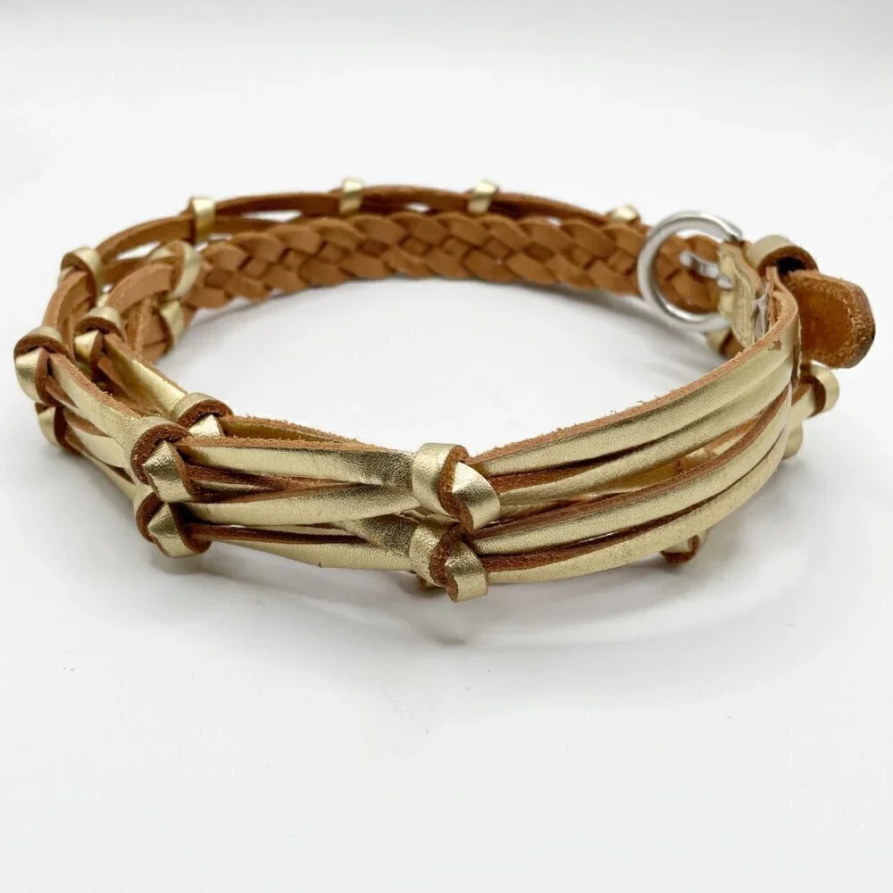 Fossil Braided Woven Gold Metallic Leather Waist Belt Women's Large